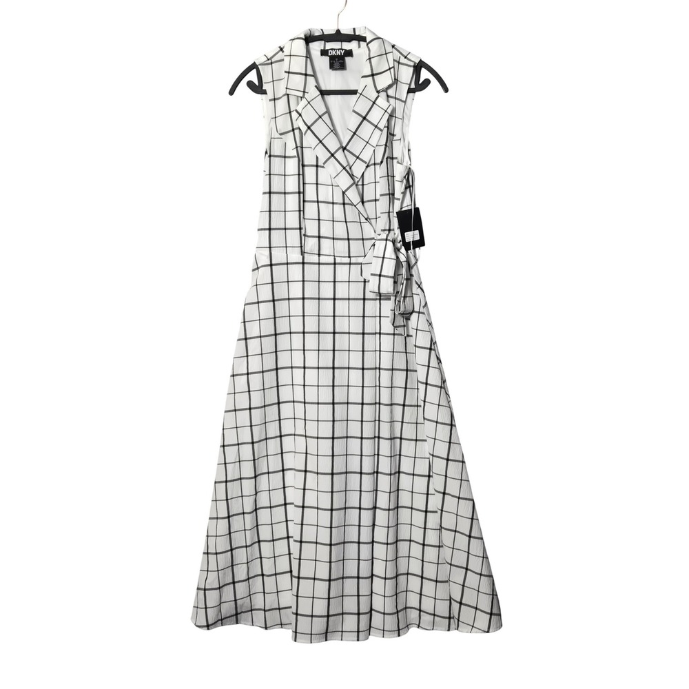 DKNY Windowpane Plaid Faux Wrap Midi Dress Cream Black 8 Preppy Minimalist NWT